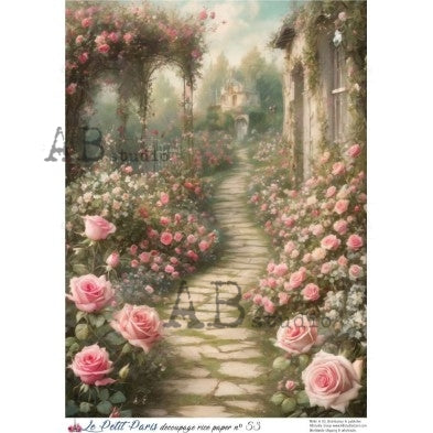 AB Studio, La Petit Paris, Rice Paper, Vintage Style, Pink Roses, Shabby Chic, Garden Path, Decoupage, Mixed Media A4 8.27 x 11.69
