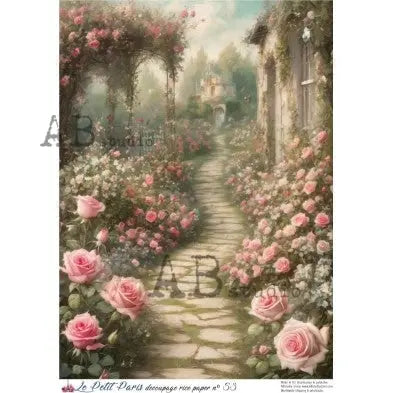 AB Studio, La Petit Paris, Rice Paper, Vintage Style, Pink Roses, Shabby Chic, Garden Path, Decoupage, Mixed Media A4 8.27 x 11.69 AB Studio