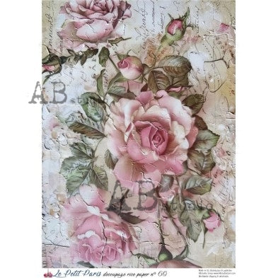 AB Studio, La Petit Paris, Rice Paper, Vintage Style, Pink Roses, Shabby Chic, Antique Style, Decoupage, Mixed Media A4 8.27 x 11.69