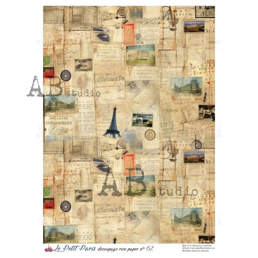 AB Studio, La Petit Paris, Rice Paper, Vintage, Eiffel Tower, News Print, Antique Style, Background, Decoupage, Mixed Media A4 8.2 x 11.6