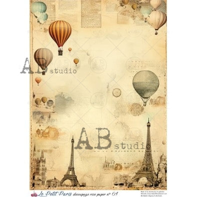 AB Studio, La Petit Paris, Rice Paper, Hot Air Balloon, Eiffel Tower, Vintage, Background, Wallpaper, Decoupage, Mixed Media A4 8.27 x 11.69