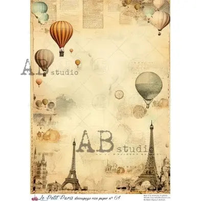 AB Studio, La Petit Paris, Rice Paper, Hot Air Balloon, Eiffel Tower, Vintage, Background, Wallpaper, Decoupage, Mixed Media A4 8.27 x 11.69 AB Studio