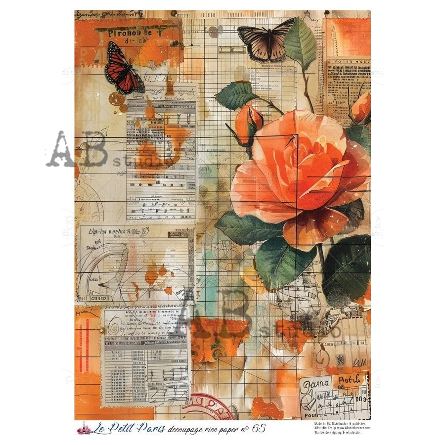 AB Studio, La Petit Paris, Rice Paper, Peach, News Print, Butterfly, Vintage, Roses, Antique Style, Decoupage, Mixed Media A4 8.27 x 11.69