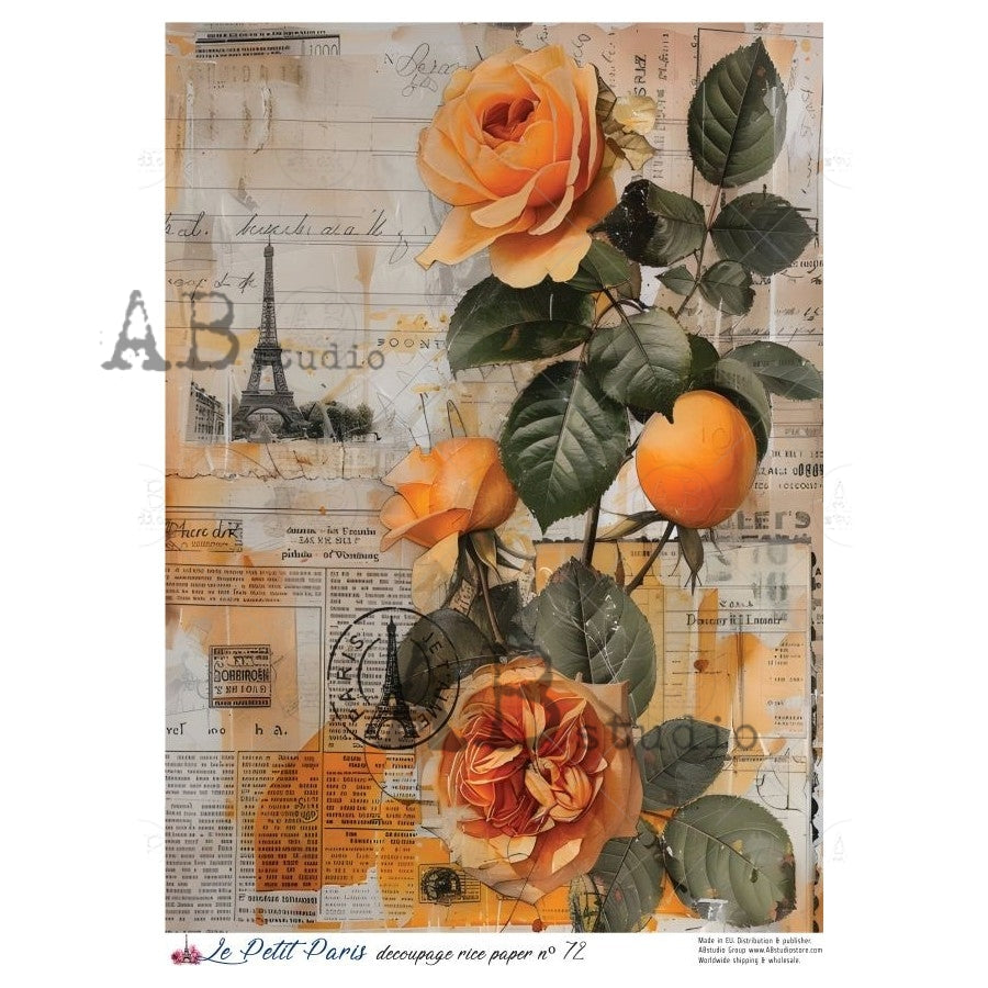 AB Studio, La Petit Paris, Rice Paper, Peach, Roses, News Print, Vintage, Background, Wallpaper, Decoupage, Mixed Media A4 8.27 x 11.69