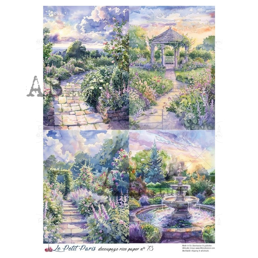 AB Studio, La Petit Paris, Rice Paper, Purple, Garden, Landscape, Vintage, Background, Wallpaper, Decoupage, Mixed Media A4 8.27 x 11.69