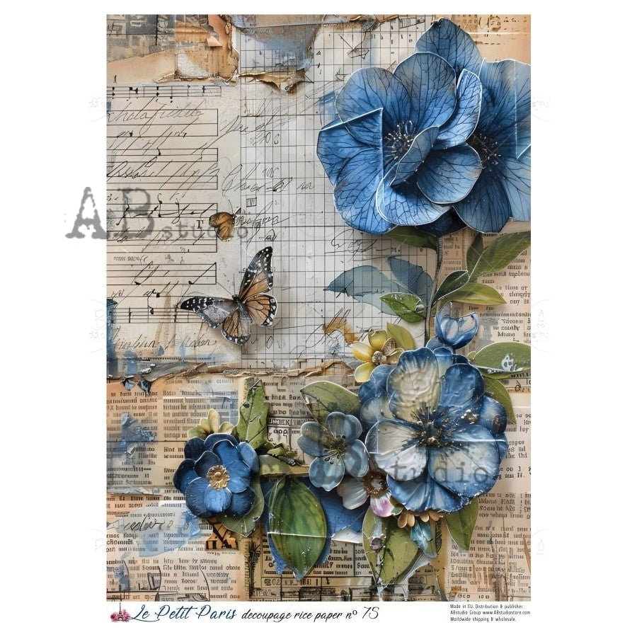AB Studio, La Petit Paris, Rice Paper, Blue, News Print, Butterfly, Vintage, Background, Wallpaper, Decoupage, Mixed Media A4 8.27 x 11.69