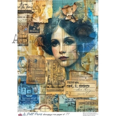 AB Studio, La Petit Paris, Rice Paper, Blue, News Print, Woman, Vintage, Background, Wallpaper, Decoupage, Mixed Media A4 8.27 x 11.69