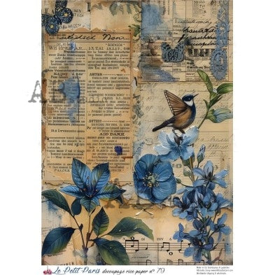 AB Studio, La Petit Paris, Rice Paper, Blue, News Print, Birds, Vintage, Background, Wallpaper, Decoupage, Mixed Media A4 8.27 x 11.69