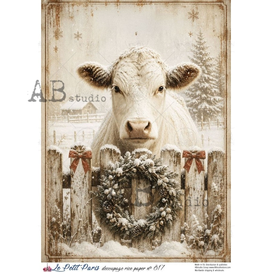 AB Studio Rice Paper, Christmas, La Petit Paris, Christmas Cow, Country Farm, A4 8.27 x11.69, Mixed Media, Decoupage, Scrapbooking