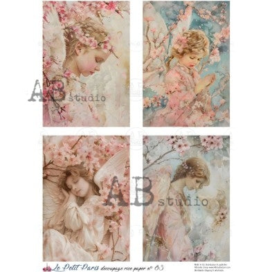 AB Studio, La Petit Paris, Rice Paper, Pink, Roses, Angel, Tags, Vintage, Background, Wallpaper, Decoupage, Mixed Media A4 8.27 x 11.69