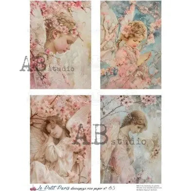AB Studio, La Petit Paris, Rice Paper, Pink, Roses, Angel, Tags, Vintage, Background, Wallpaper, Decoupage, Mixed Media A4 8.27 x 11.69 AB Studio