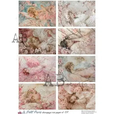AB Studio, La Petit Paris, Rice Paper, Pink, Roses, Angel, Tags, Vintage, Background, Wallpaper, Decoupage, Mixed Media A4 8.27 x 11.69 AB Studio