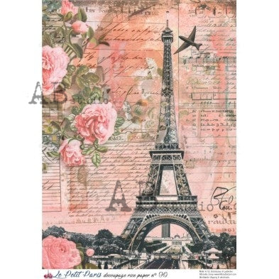 AB Studio, La Petit Paris, Rice Paper, Pink, Roses, Eiffel Tower, Vintage, Background, Wallpaper, Decoupage, Mixed Media A4 8.27 x 11.69