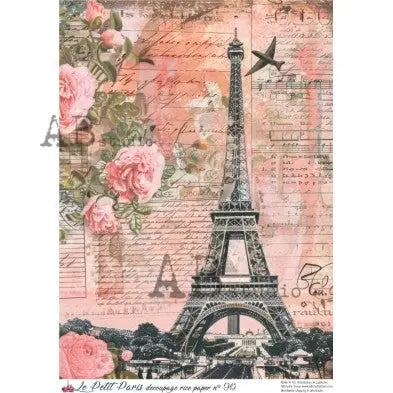 AB Studio, La Petit Paris, Rice Paper, Pink, Roses, Eiffel Tower, Vintage, Background, Wallpaper, Decoupage, Mixed Media A4 8.27 x 11.69 AB Studio