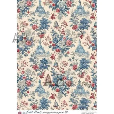 AB Studio, La Petit Paris, Rice Paper, Toile, Blue White, Vintage, Pink, Shabby, Background, Wallpaper, Decoupage, Mixed Media A4 8.2 x 11.6 AB Studio