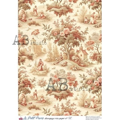 AB Studio, La Petit Paris, Rice Paper, Toile, Beige, Pink, Vintage, Shabby Chic, Background, Wallpaper, Decoupage, Mixed Media A4 8.2 x 11.6