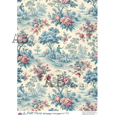 AB Studio, La Petit Paris, Rice Paper, Toile, Blue, White, Pink, Vintage, Background, Wallpaper, Decoupage, Mixed Media A4 8.27 x 11.69