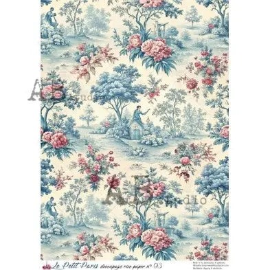AB Studio, La Petit Paris, Rice Paper, Toile, Blue, White, Pink, Vintage, Background, Wallpaper, Decoupage, Mixed Media A4 8.27 x 11.69 AB Studio