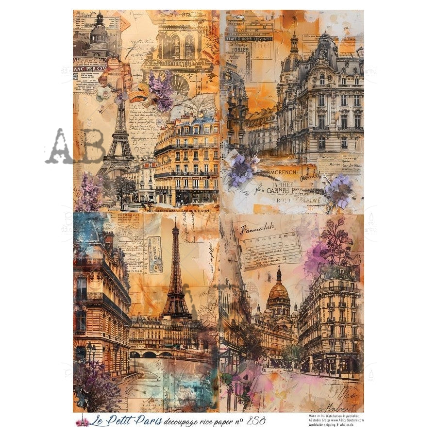 AB Studio, Rice Paper, La Petit, Paris, Europe, Eiffel Tower, Artwork, Squares, LP-258, A4, 8.27 X 11.69, Decoupage, Mixed Media, Crafts