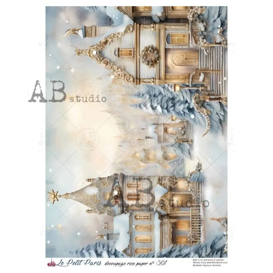 AB Studio, Rice Paper, La Petit, Winter Village, Blue, Gold, European, Town Square, A4 8.27 x11.69, Mixed Media, Decoupage, LP301 AB Studio