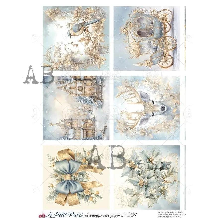 AB Studio, Rice Paper, La Petit, Christmas, Gold, Blue, Squares, Tags, Chariot, Deer, Scenes, A4 8.27 x11.69, Mixed Media, Decoupage, LP304 AB Studio