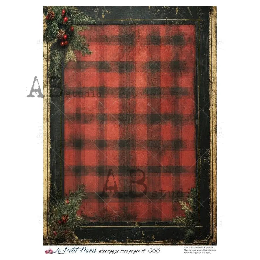 AB Studio, Rice Paper, Christmas, La Petit, Red, Black, Pine Spray, Checkerboard, Background, A4 8.27 x11.69, Mixed Media, Decoupage, LP366 AB Studio