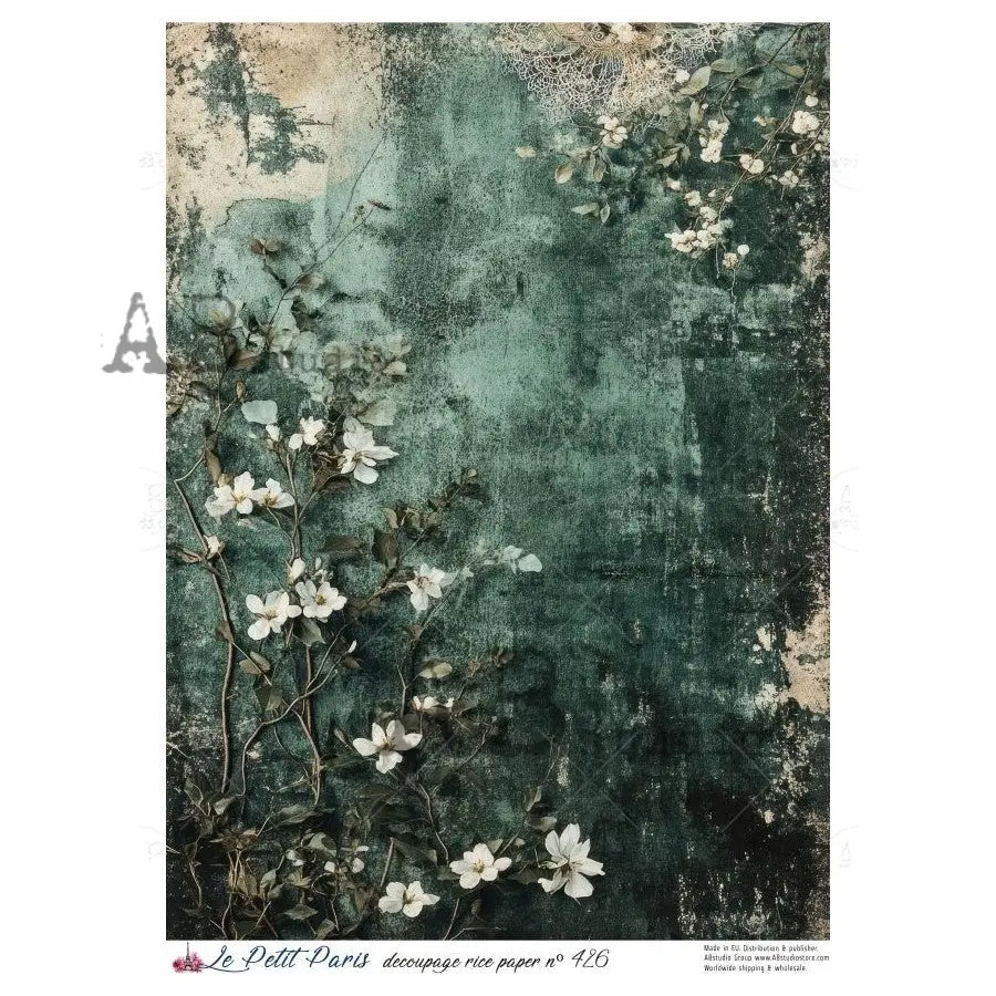 AB Studio, La Petit Paris, Rice Paper, Grungy, Blue, Flowers, Background, Wallpaper, Decoupage, Mixed Media, Crafts, LP-426, A4 8.27 x 11.69 AB Studio