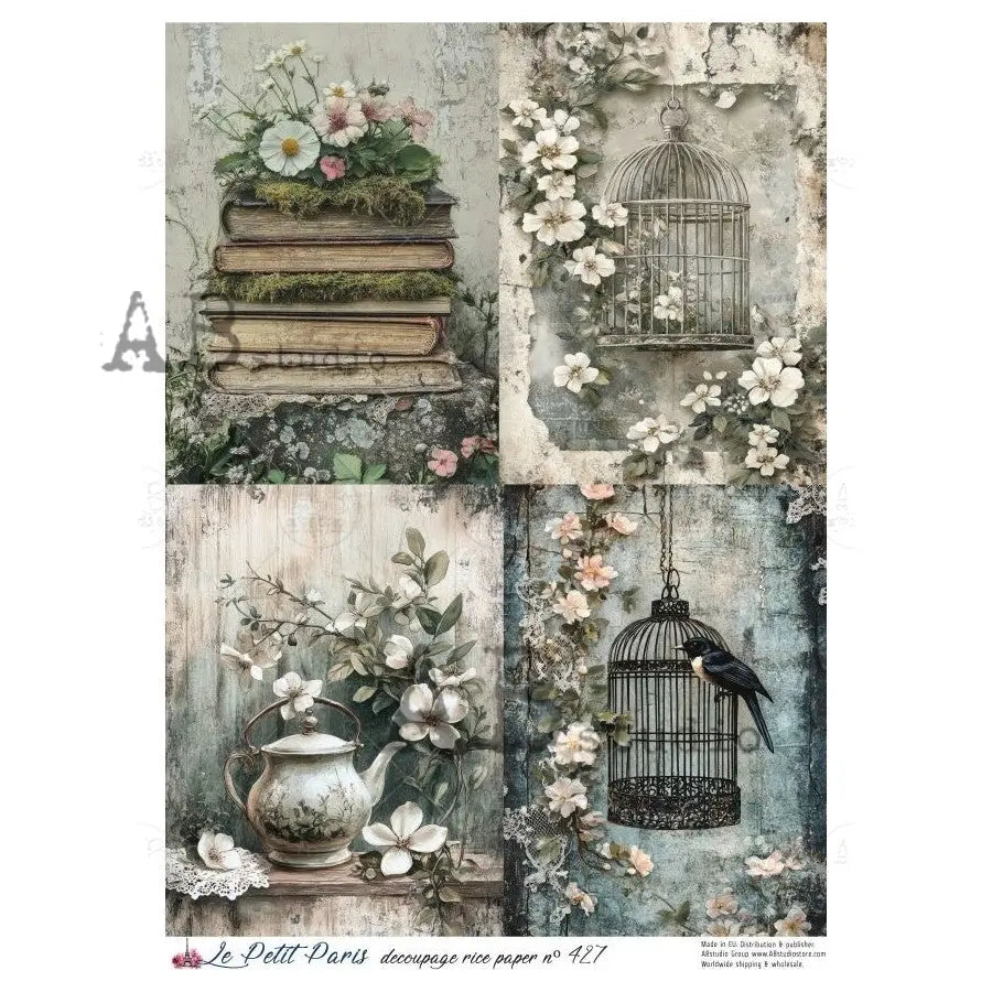 AB Studio, La Petit Paris, Rice Paper, Bird Cages, Books, Flowers, Shabby Chic, Decoupage, Mixed Media, Crafts, LP-427, A4 8.27 x 11.69 AB Studio
