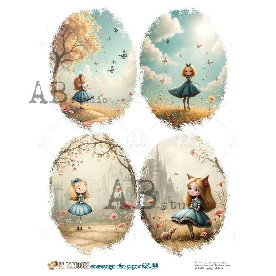 AB Studio, Cartoons, Rice Paper, Christmas, Girl Child Character, Cartoons, Tree Swing, Sky, Whimsical, Ovals, N0-83, A4, 8.2 X 11.7 AB Studio