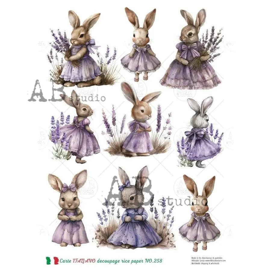 AB Studio, Carte Italiano, Rice Paper, Easter, Bunnies, Purple, Lavender, Rabbits, Decoupage, Mixed Media, NO258, A4 8.27 x 11.69 AB Studio