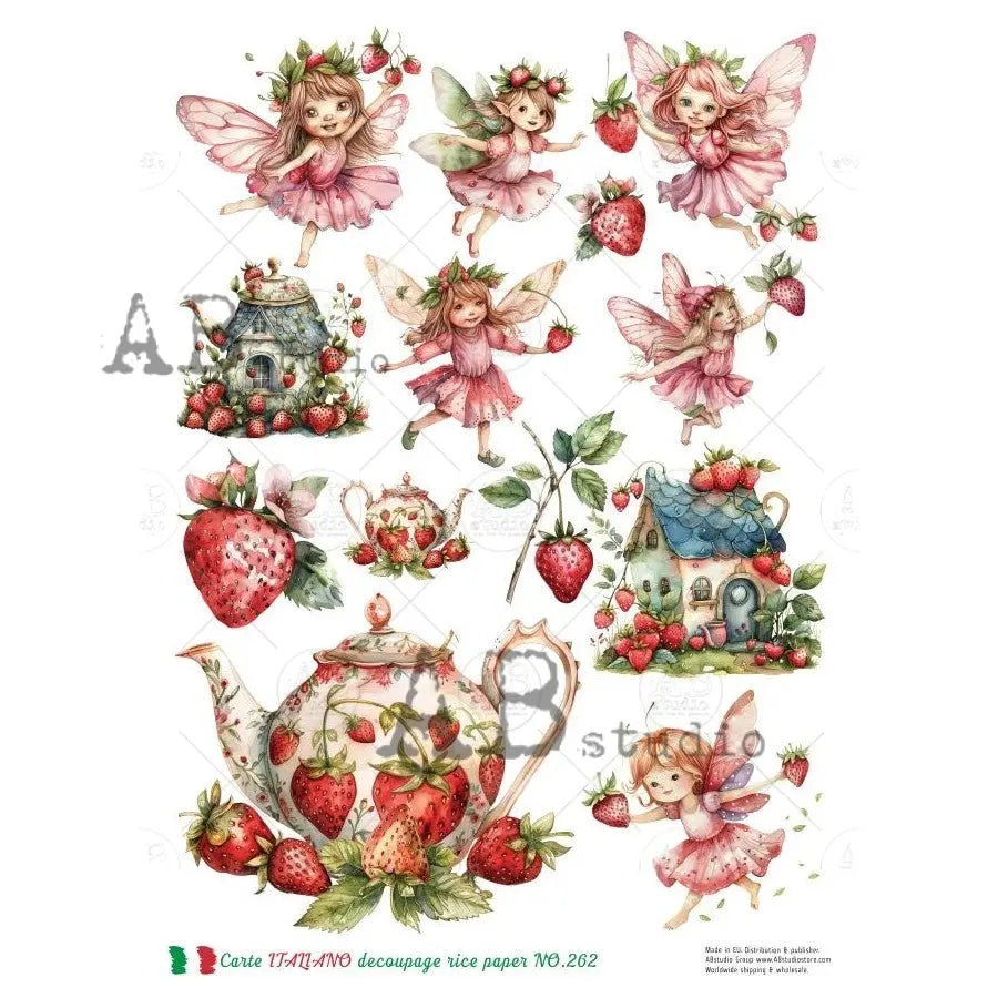 AB Studio, Carte Italiano, Rice Paper, Pink Fairies, Strawberries, Teapots, Decoupage, Mixed Media, NO262, A4 8.27 x 11.69 AB Studio