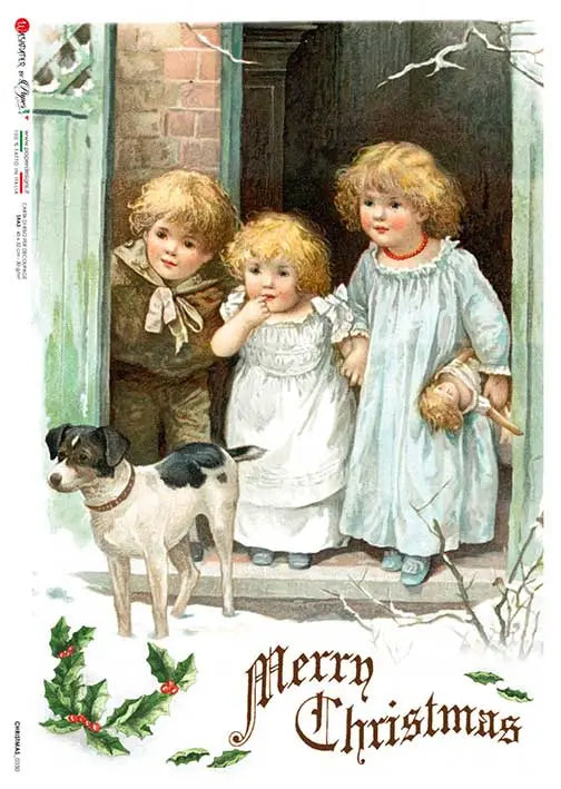 Paper Designs, Rice Paper, Christmas, Vintage Style, Children with Puppy, Nostalgic, A4, 8.3" X 11.7" Decoupage, Mixed Media, 0350 Paper Designs