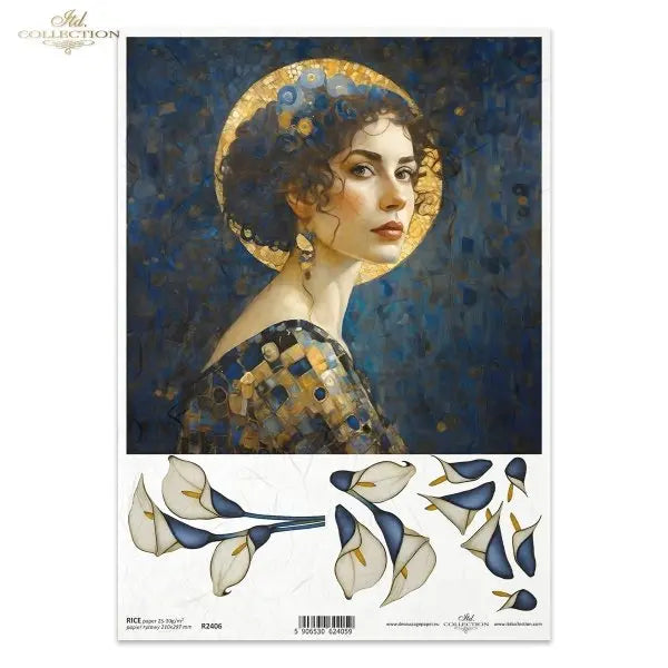 ITD Collection, Rice Paper, Decoupage, Mixed Media, Women, Art Nouveau, Portraits, Floral, Artist Klimt, Dragonfly, R2406, A4 Mixed Media ITD Collection