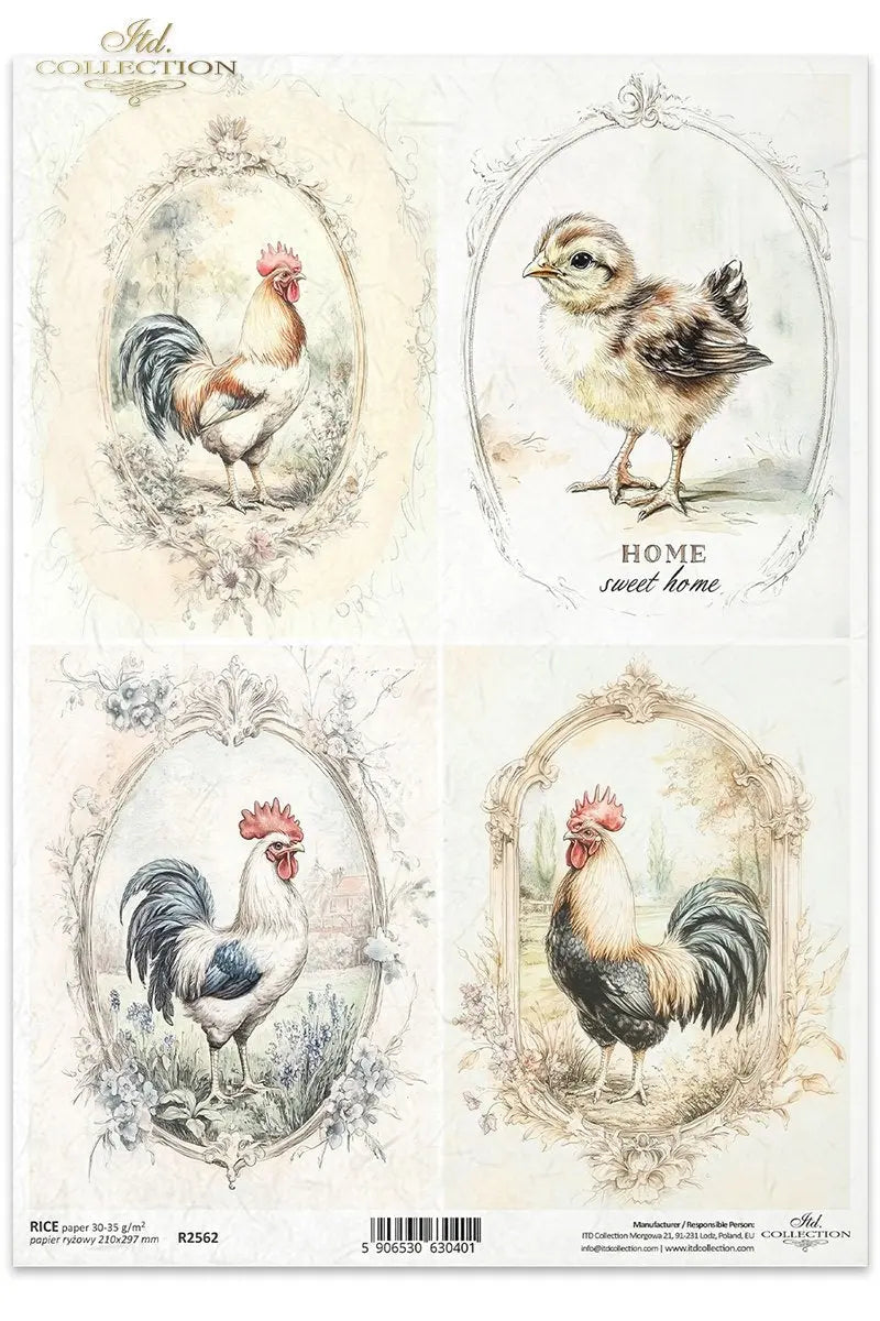 ITD Collection, Rice Paper, Decoupage, R2562, A4 8.27x11.7 , Shabby Chic, Vintage Style, Chicken, Rooster, Hen, Squares, Mixed Media ITD Collection