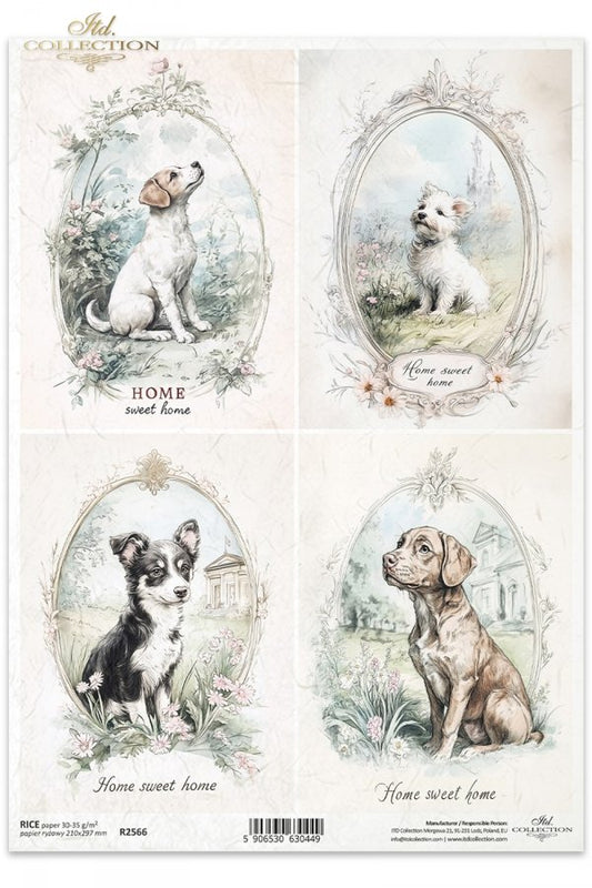 ITD Collection, Rice Paper, Decoupage, R2566, A4, 8.27x11.7 , Shabby Chic, Vintage Style, Tags, Puppies, Dogs, Flowers, Squares, Mixed Media