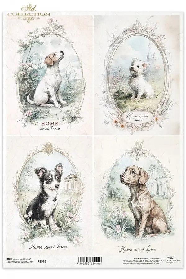 ITD Collection, Rice Paper, Decoupage, R2566, A4, 8.27x11.7 , Shabby Chic, Vintage Style, Tags, Puppies, Dogs, Flowers, Squares, Mixed Media ITD Collection