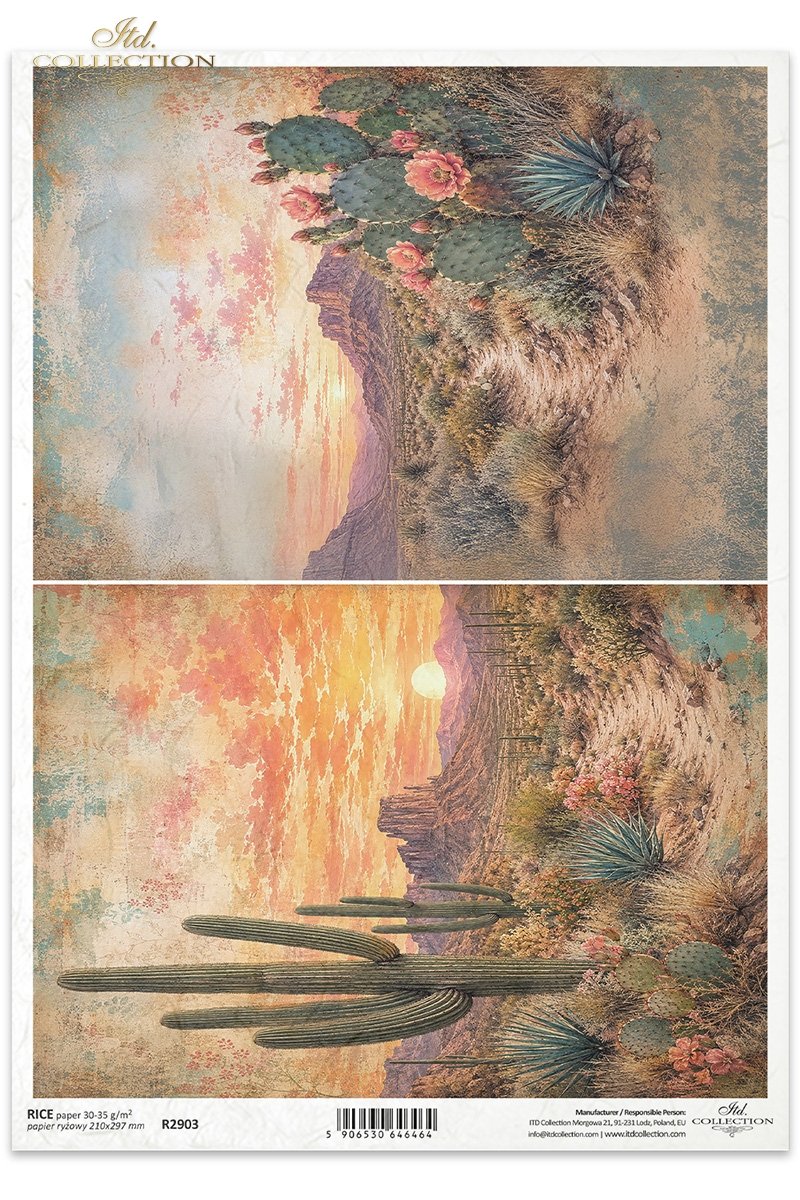 ITD Collection, Rice Paper, Southwest Desert Landscapes, Cactus, Decoupage, Mixed Media, 2 1/2” squares, A4, 8.27x11.7