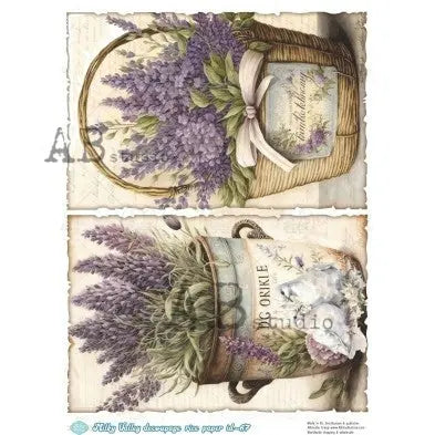 AB Studio, Milky Valley, Rice Paper Decoupage, Potted, Lavender, Squares, Purple, Mixed Media, ID-67 A4 8.27 x 11.69 AB Studio