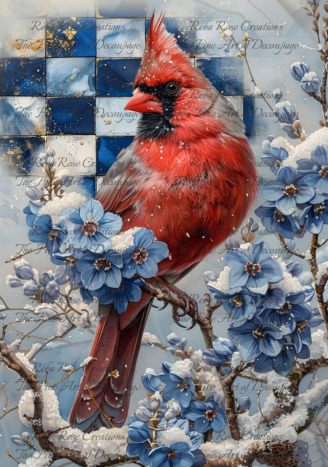 Reba Rose Creations, Rice Paper for Decoupage, Red Cardinal, Blue White Flowers, Shabby Chic, A4, 8.27 X 11.6