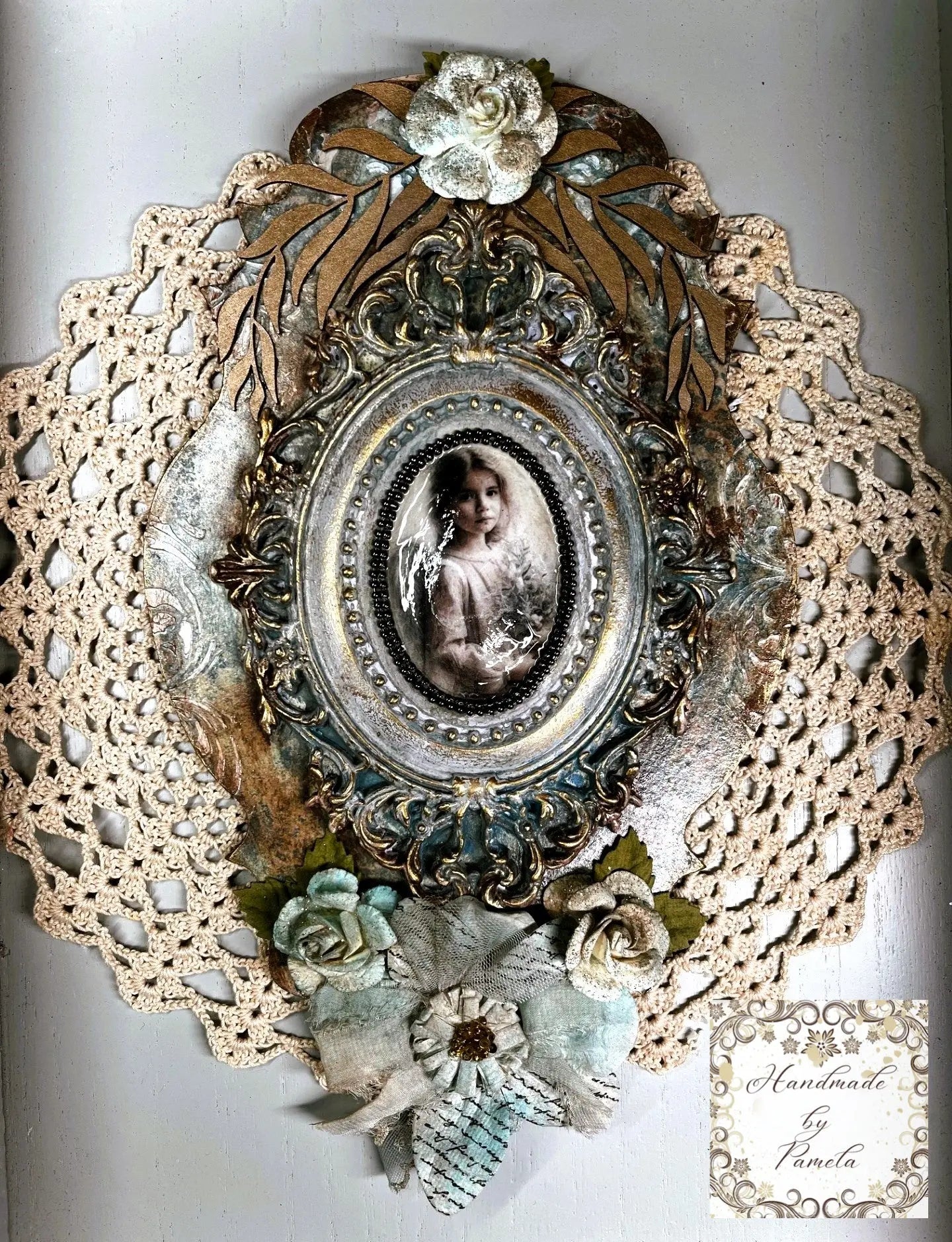 Handcrafted, Laser cut MDF, Vintage Style Girl Angel Portrait, Shabby Chic, Decoupage, Mixed Media Handmade by Pamela