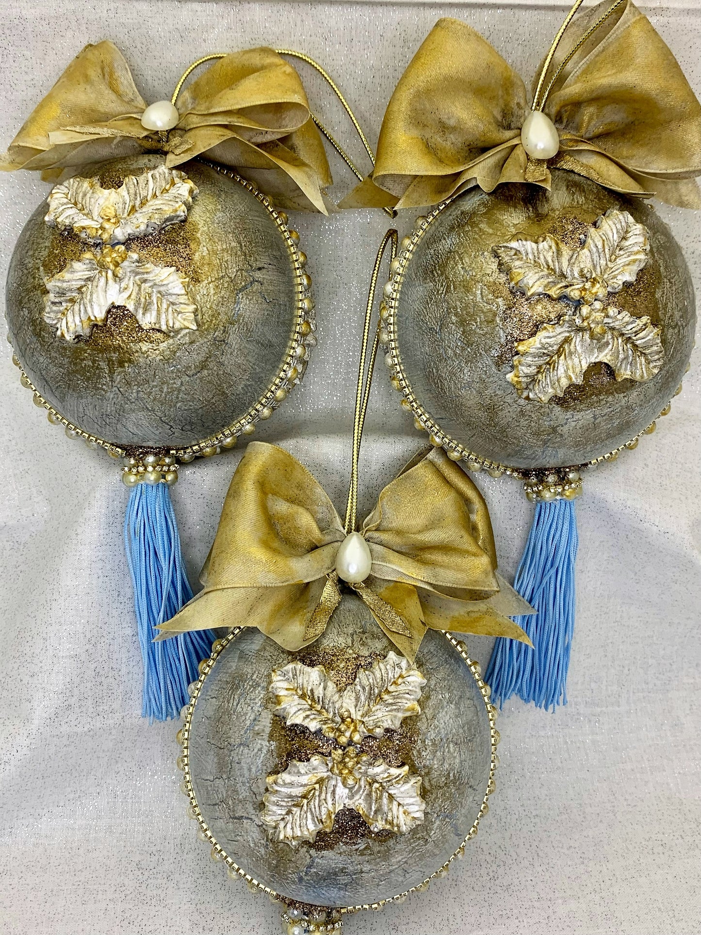 Handcrafted, Shabby Chic, Vintage Style, Christmas, Decoupage, Nostalgic, Angel Choir, Ornament, Bauble Set 3, Silver, Gold, Mixed Media