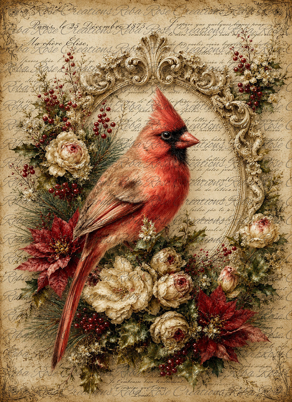 Reba Rose Rice Paper for Decoupage, Mixed Media, Christmas, Vintage Style Framed Red Cardinal, A4, 8.27 X 11.6