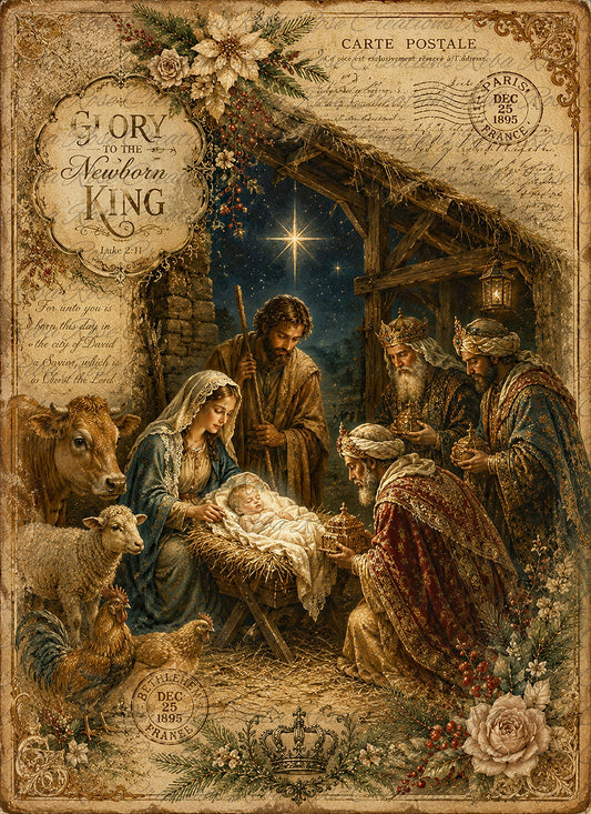 Reba Rose Rice Paper for Decoupage, Mixed Media, Vintage Christmas, Nativity Scene, A4 8.27 X 11.6