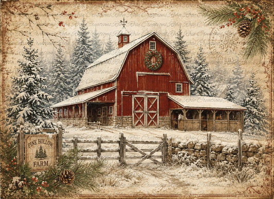 Reba Rose Rice Paper for Decoupage, Mixed Media, Country Christmas, Winter Red Barn, A4 8.27 X 11.6