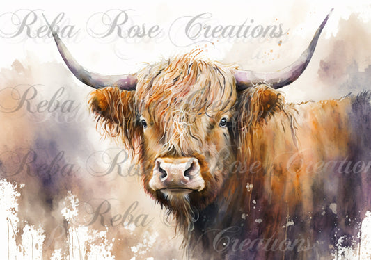 Reba Rose Creations, Rice Paper for Decoupage, Mixed Media, Highlander, Cow, Country, Watercolor, Shabby Chic, 0371,  A4 8.27 X 11.6