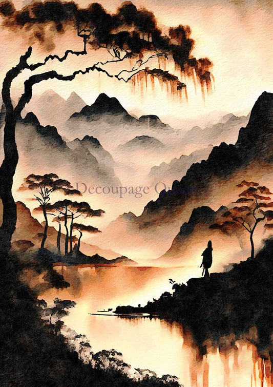 Decoupage Queen, Andy Skinner, Sumi Sunset, Asian, Landscape, Design, Orange, Black, Size A4, 8.3" X 11.7", Rice Paper for decoupage, 0440