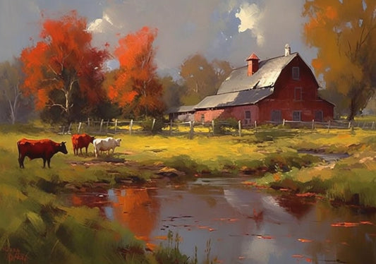 Reba Rose Creations, Rice Paper for Decoupage, Mixed Media, Red Barn, Country, Landscape, Farm, 0534,  A4 8.27 X 11.6