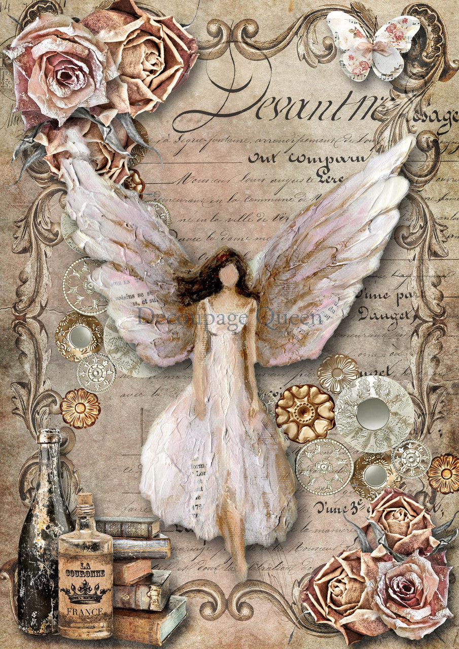 Handcrafted Hanging Heart Angel Plaque, Shabby Chic, Pink Roses, Decoupage, Mixed Media, Wall Art, Home Decor by Pamela, 8 3/4" x 9"