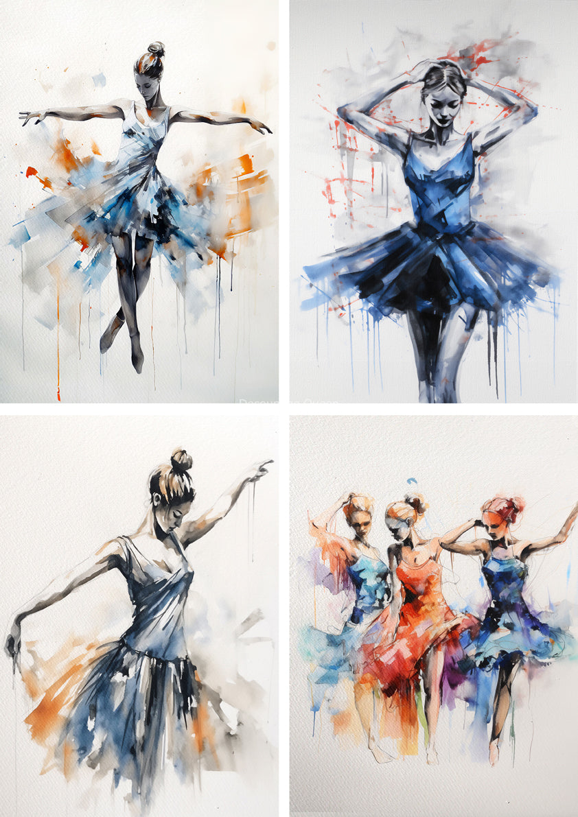 Decoupage Queen, Rice Paper, 2024 Summer Release, Andy Skinner Art, Design, Ballet, Dancers, watercolor Art, A4 8.3" X 11.7" DQRP-0597