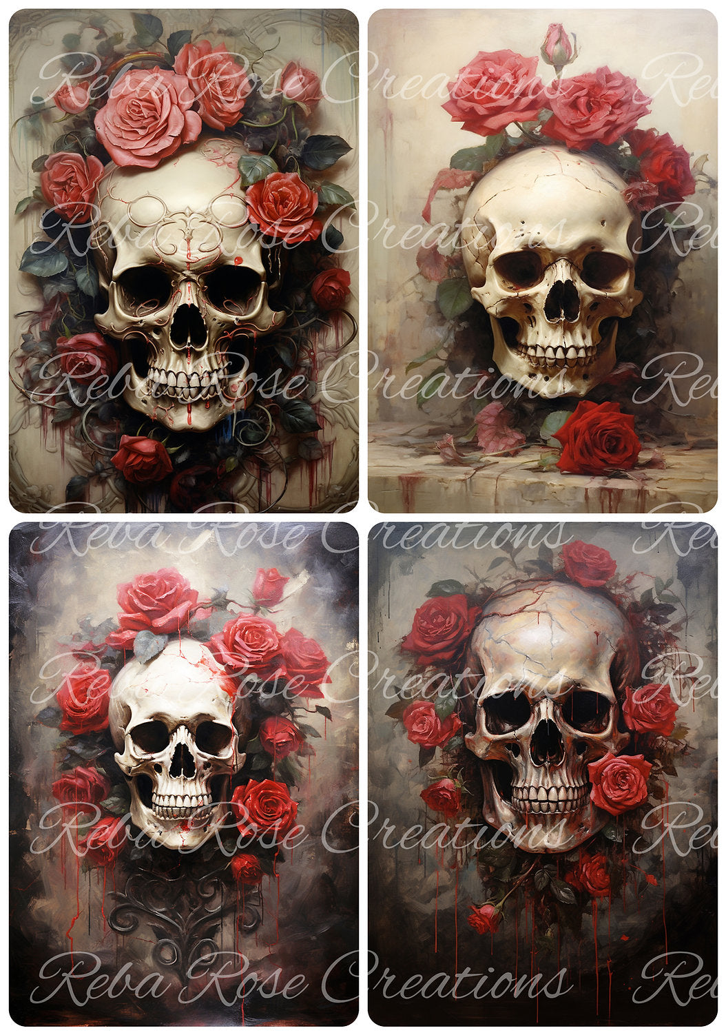 Reba Rose Creations, Rice Paper, Decoupage, Mixed Media, Skulls, Red, Roses, Squares, Gothic, Shabby Chic, 0650, A4 8.27 X 11.6